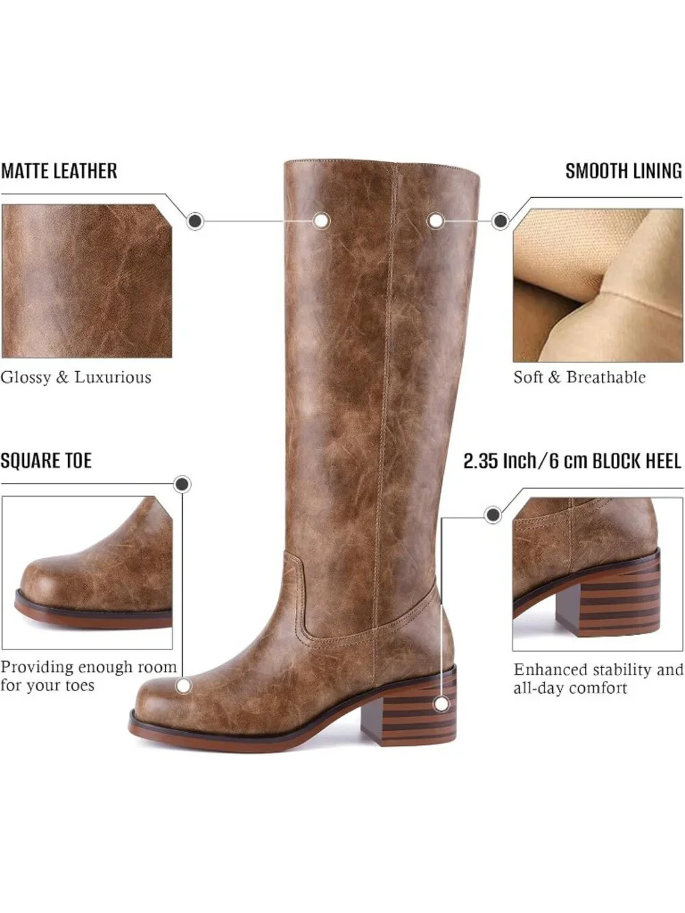 Women's Chocolate Chunky Block Heel Square Toe Going Out Knee High Riding Boots